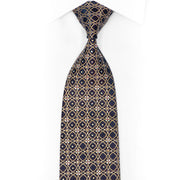Gold Interlocking Circles On Navy Blue Rhinestone Silk Necktie With Sparkles