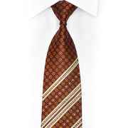 Silver Striped & Orange Cartouche Design On Navy Blue Rhinestone Silk Tie