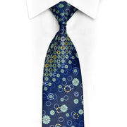 Green Geometric Floral On Blue Rhinestone Silk Necktie With Sparkles