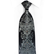 Silver Damask On Black Rhinestone Silk Necktie With Sparkles