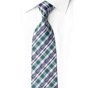 San-Dee RDC147 teal, navy and ivory plaid silk necktie with crystal rhinestone clusters, knotted against a white shirt.
