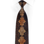 Brown Gold Orange Damask Design On Navy Rhinestone Silk Tie
