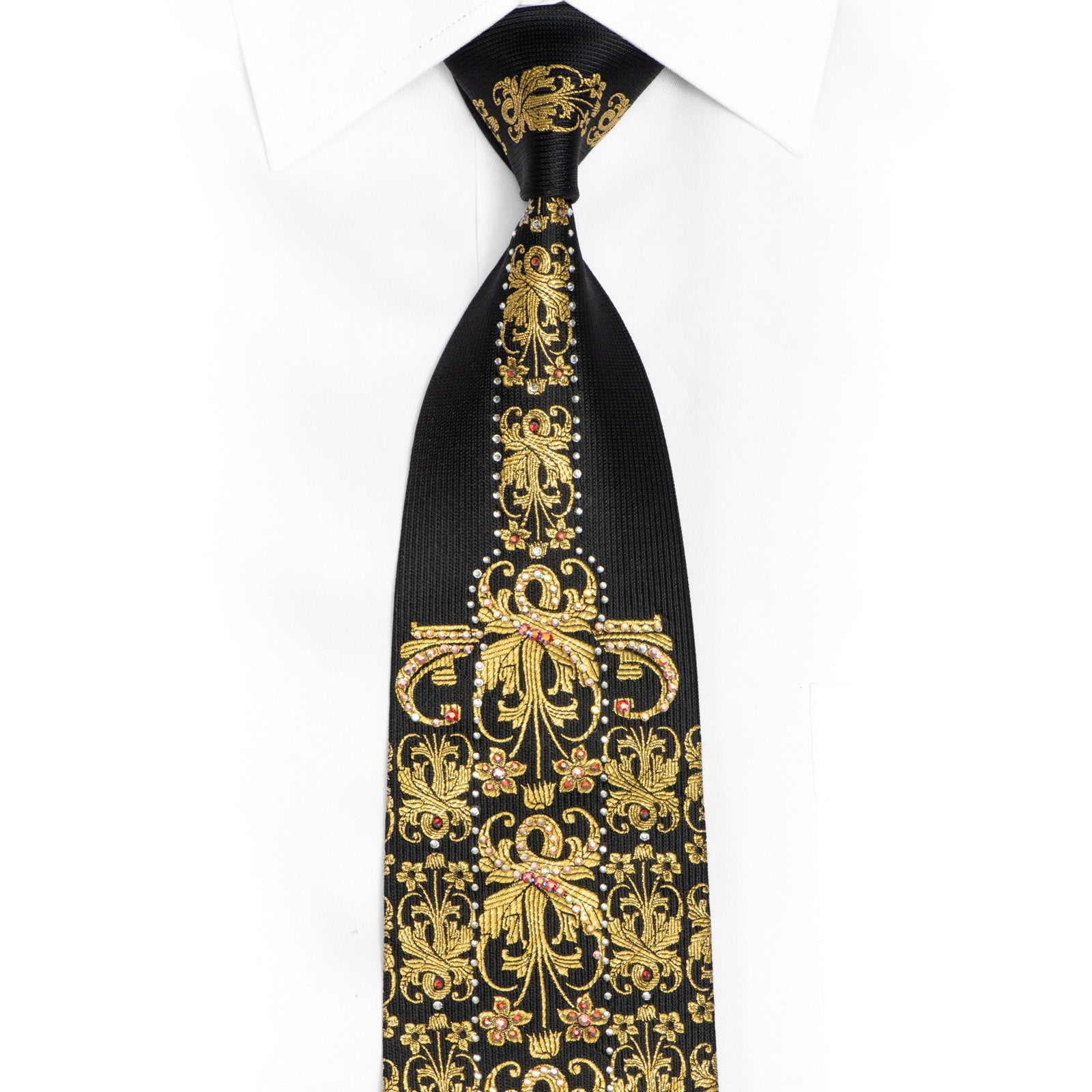 San-Dee - Gold Damask On Black Rhinestone Silk Necktie San-Dee - Gold Damask On Black Rhinestone Silk Necktie