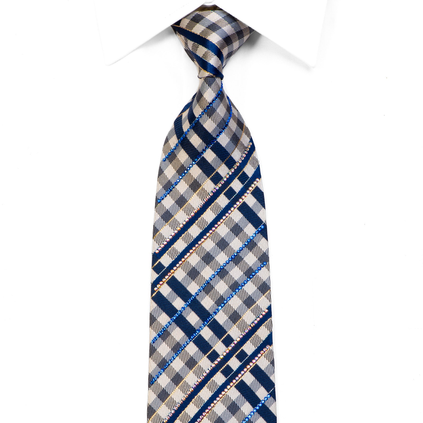 Blue Silver Plaids Rhinestone Silk Tie With Gold Sparkles â San-Dee