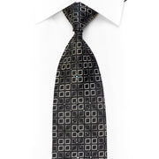 Elegance Silk Tie Silver Squares On Black With Sparkles
