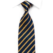 Rhinestone Silk Necktie Gold Striped On Navy Blue
