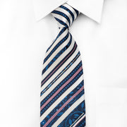 Aquascutum Men's Crystal Rhinestone Tie White Striped Floral On Navy Silk With Purple Sparkles - San-Dee