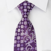 Metro City Rhinestone Silk Tie Floral On Purple With Silver