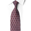 San-Dee burgundy rhinestone silk necktie worn on white dress shirt showing full front with silver geometric lattice and crystal sparkle detail