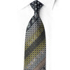 San-Dee black silk necktie knotted on a white shirt with silver and chartreuse geometric bands and crystal rhinestone accents.