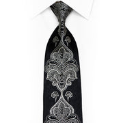 Silver Damask On Black Crystal Rhinestone Silk Necktie