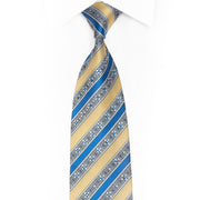Gold Blue Silver Cartouche Striped Rhinestone Silk Necktie