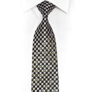 Silver Black Checkered Rhinestone Silk Necktie With Silver Gold Sparkles