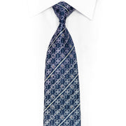 Silver Stripes & Cartouche On Dark Blue Rhinestone Silk Necktie With Sparkles