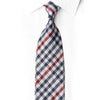 San-Dee rhinestone silk necktie in navy, burgundy and ivory diagonal plaid with crystal rhinestone sparkles, laid flat on white shirt