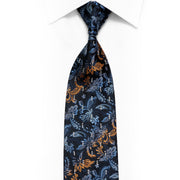 Orange Blue Acanthus Floral On Navy Blue Microfiber Rhinestone Necktie With Sparkles
