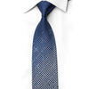 San-Dee navy blue rhinestone silk necktie with crystal sparkles laid flat on white dress shirt showing SAN-DEE brand label