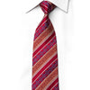 San-Dee crimson red rhinestone silk necktie laid flat on white shirt, showing diagonal floral stripe pattern with crystal rhinestones and silver sparkles