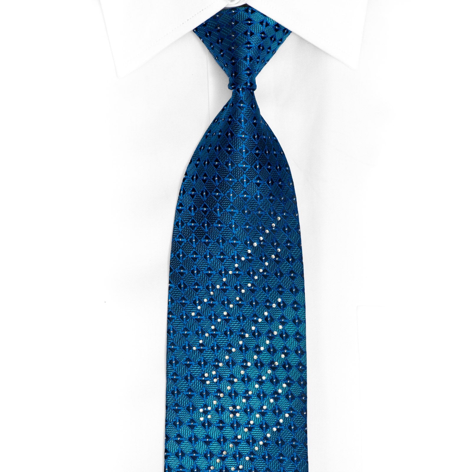 San-Dee - Geometric On Blue Rhinestone Silk Necktie