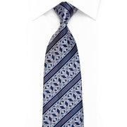 Franco Ferraro Rhinestone Silk Necktie Silver Cartouche Striped On Blue With Sparkles