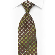 Men's Silk Tie Green Foulard On Brown Sparkling With Rhinestones