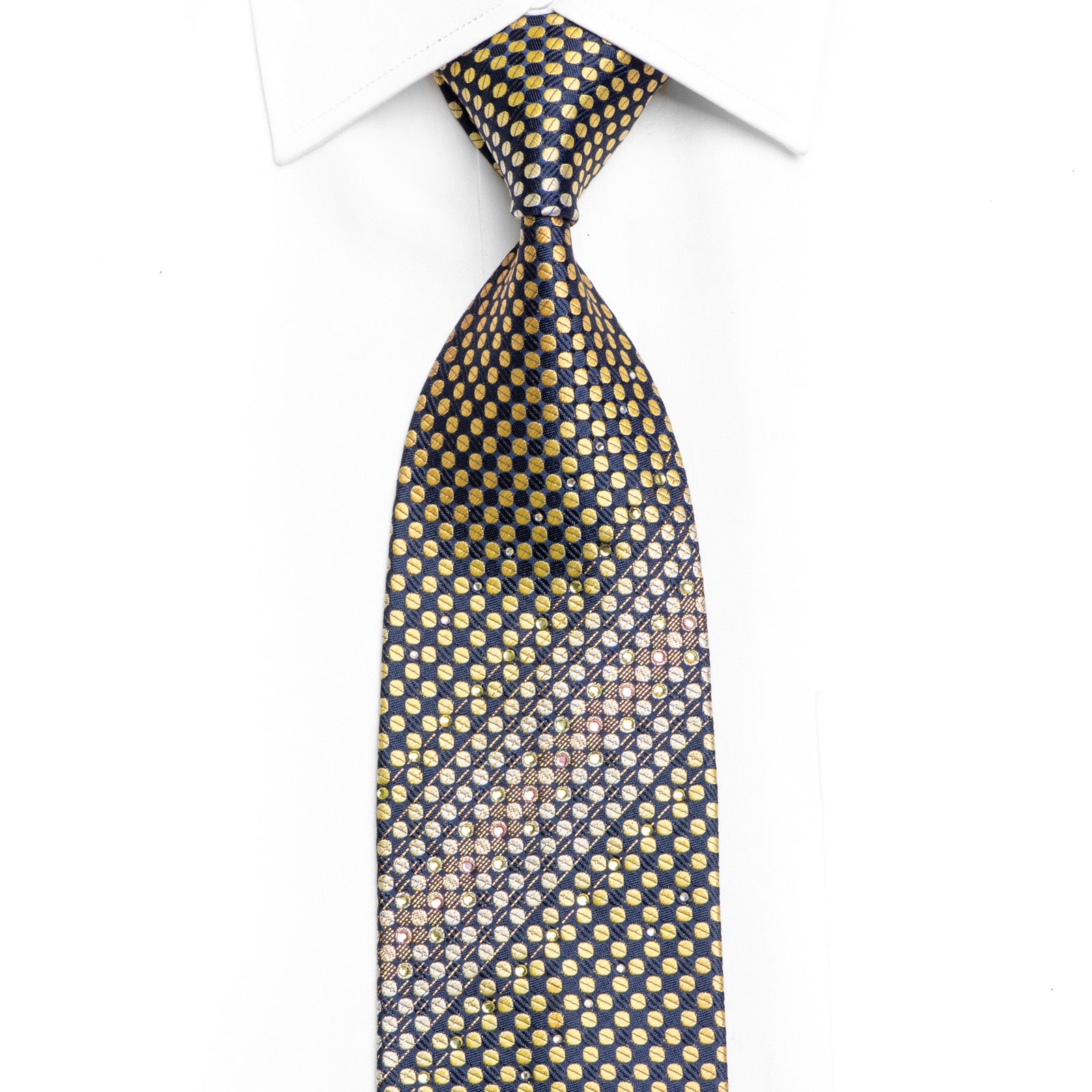 Golden Yellow Geometric Dots On Navy Blue Rhinestone Tie With Sparkles