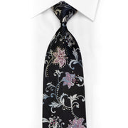 Perry Ellis Rhinestone Silk Necktie Silver Pink Floral On Black With Sparkles