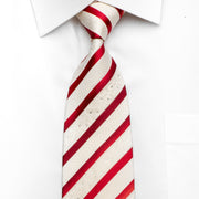 Arthur Dixon Men's Woven Silk Necktie Red Striped On Ivory White Sparkling With Crystal Rhinestones - San-Dee