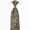 Avalon Men's Crystal Silk Necktie Gold Medallions Silver Geometric On Black With Gold Sparkles - San-Dee