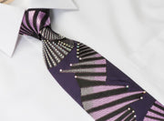 Balenciaga Men's Rhinestone Silk Necktie Geometric Design On Purple With Silver Sparkles - San-Dee