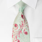 Christian Aujard Silk Rhinestone Necktie Pink Floral On Light Green With Silver Sparkles - San-Dee