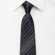Comodo Mens Silk Skinny Tie Silver Stripes On Black - San-Dee