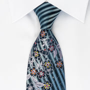 DNSK Rhinestone Silk Necktie Floral Striped On Blue With Silver Sparkles - San-Dee
