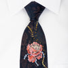 Lancetti Woven Silk Tie Pink Roses On Navy With Rhinestones 