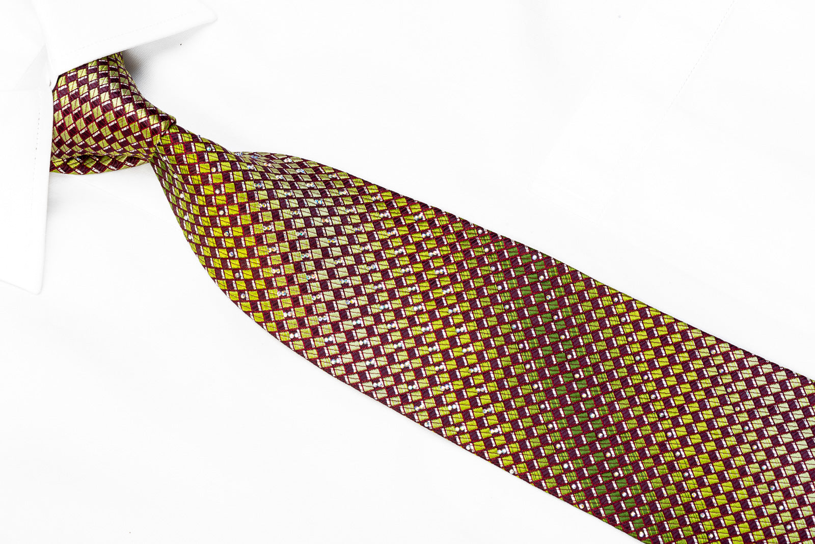 Men's Rhinestone Silk Necktie Green Geometric On Burgundy With Sparkles