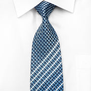 Louis Quatorze Mens Silk Necktie Checkered & Striped On Blue