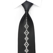 Men’s Black Silk Tie Geometric Crystal Design Rhinestone 