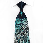 Renoma Men’s Crystal Silk Necktie Turquoise Damask On Navy 