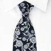 Renoma Rhinestone Tie Silver Floral On Woven Navy Blue Silk 
