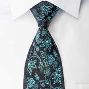 TLS Homme Rhinestone Silk Necktie Turquoise Floral On Navy 